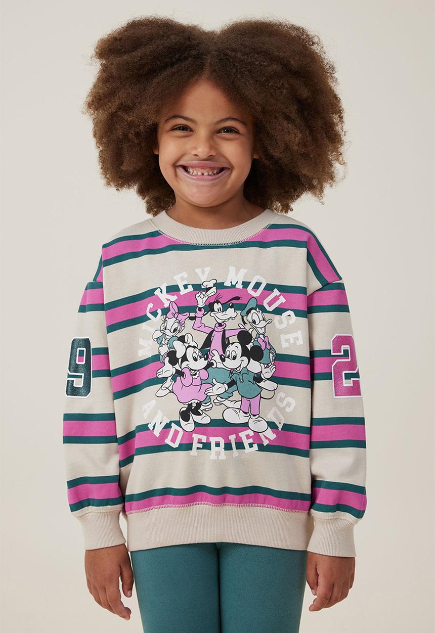 Cotton On - License dusty fleece crew neck - lcn dis mickey and friends/multi stripe