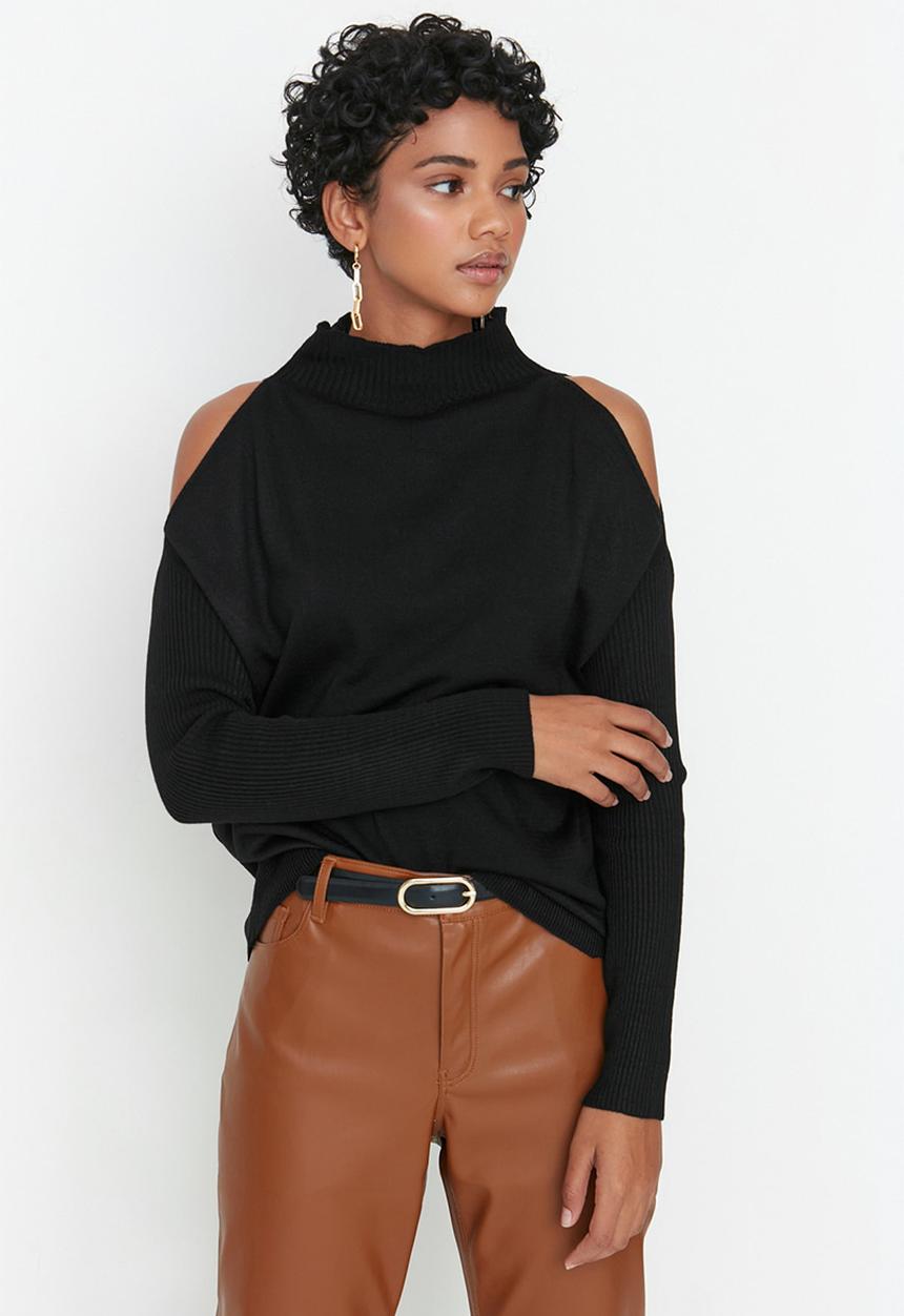 Trendyol - Cold shoulder poloneck sweater - black
