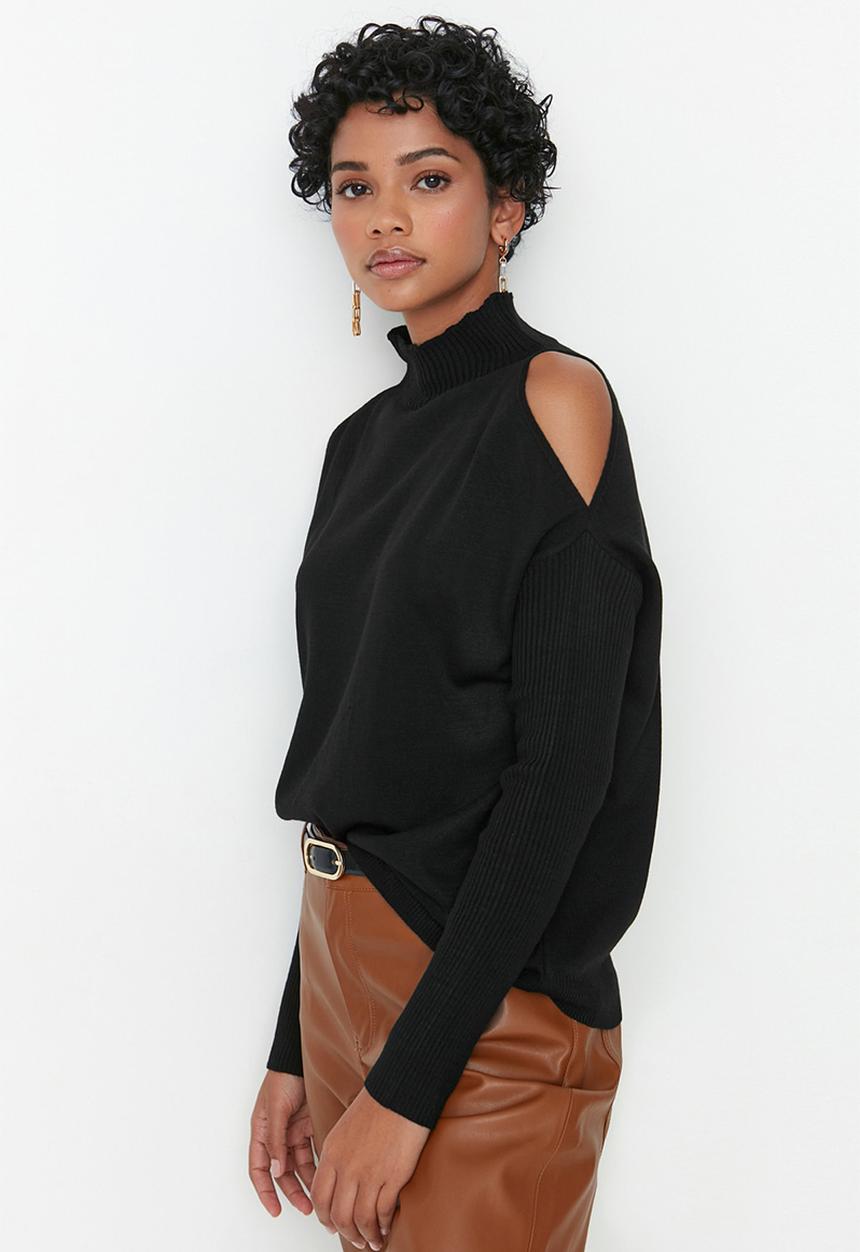 Trendyol - Cold shoulder poloneck sweater - black