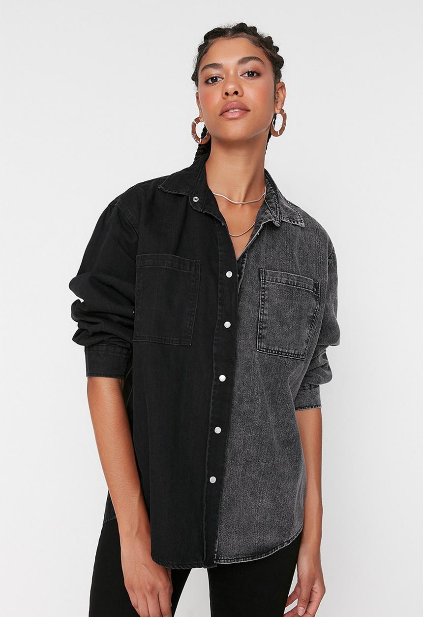 Trendyol - Colourblock denim shirt - black