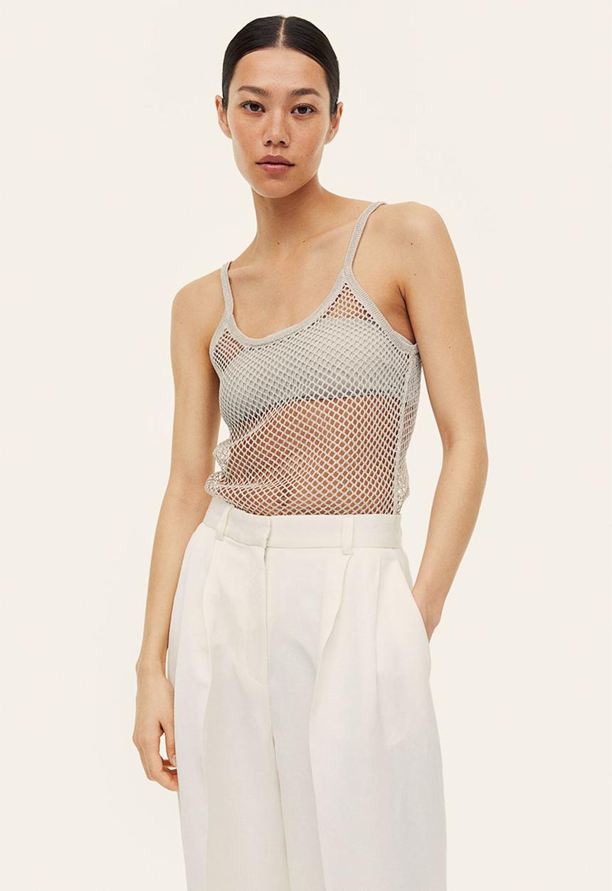 H&M - Glittery hole-knit strappy top - silver-coloured