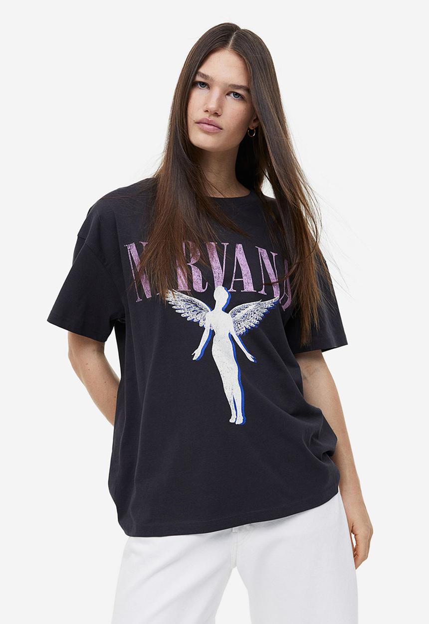 H&M - Oversized printed t-shirt - dark grey/nirvana
