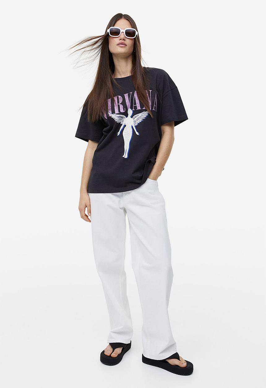 H&M - Oversized printed t-shirt - dark grey/nirvana