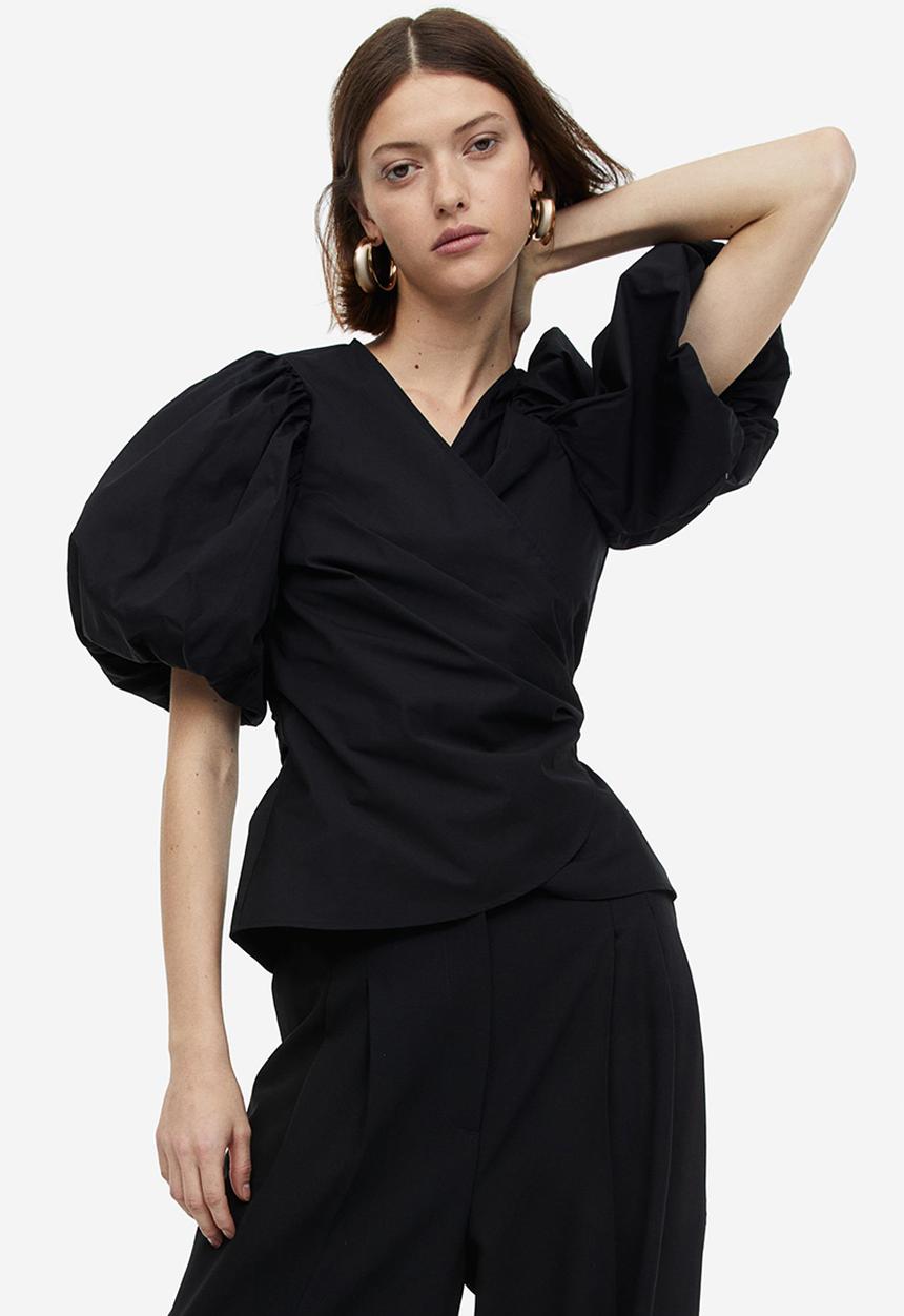 H&M - Balloon-sleeved wrap blouse - black