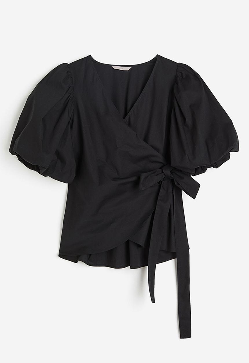 H&M - Balloon-sleeved wrap blouse - black