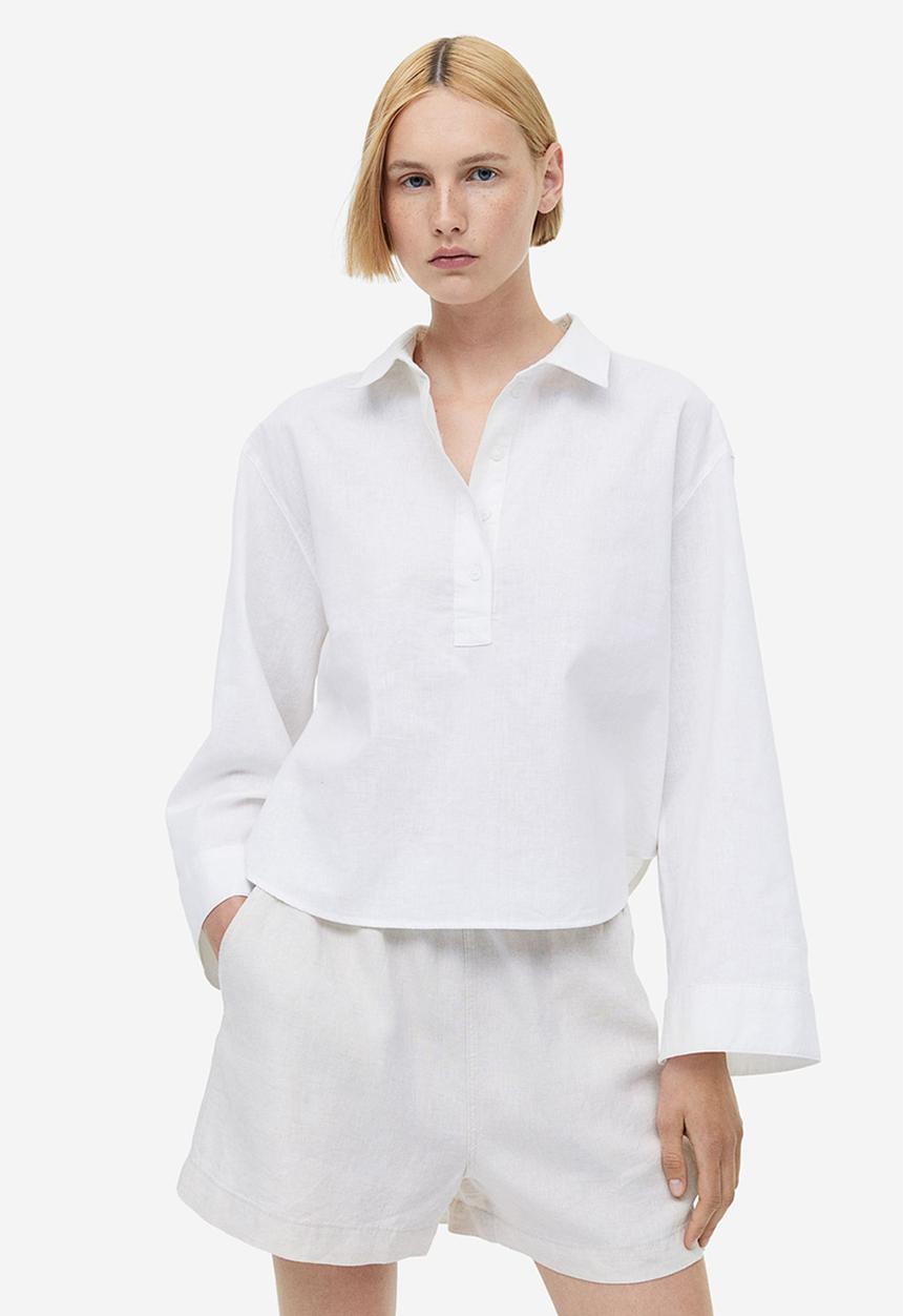 H&M - Linen-blend pop-over shirt - white