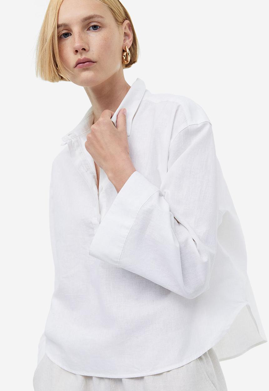 H&M - Linen-blend pop-over shirt - white