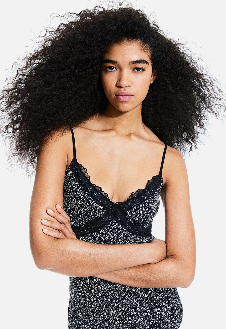 H&M - Lace-trimmed mesh dress - black floral