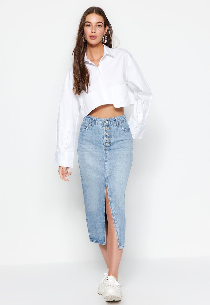 Trendyol - Midi denim skirt with slit detail - blue