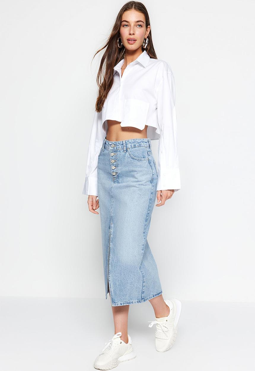 Trendyol - Midi denim skirt with slit detail - blue