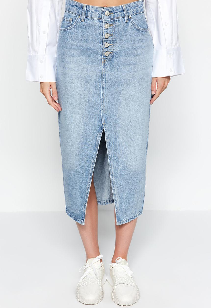 Trendyol - Midi denim skirt with slit detail - blue