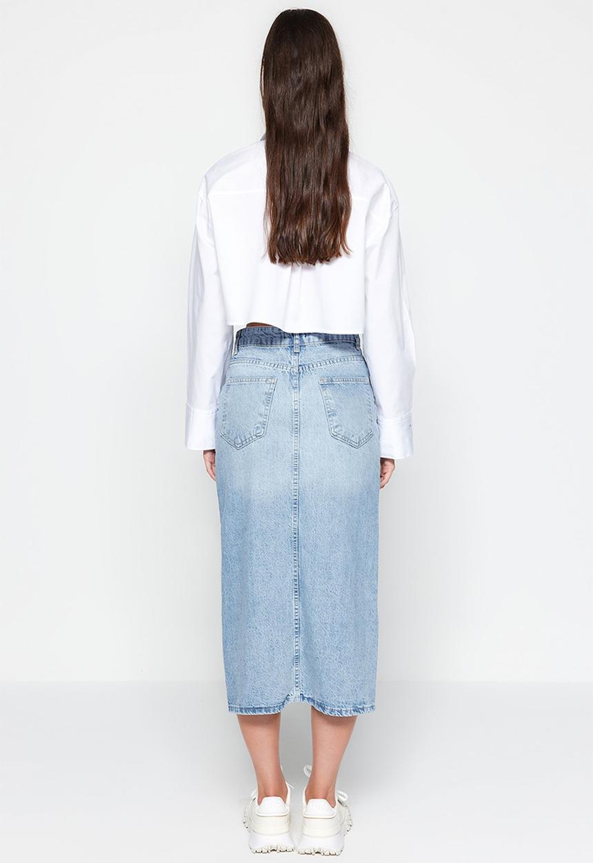 Trendyol - Midi denim skirt with slit detail - blue