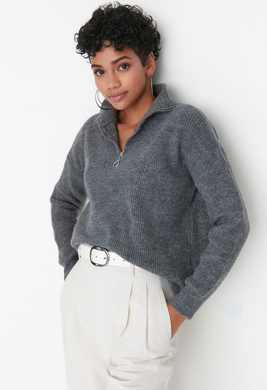 Trendyol - Soft textured zip-up sweater - anthracite