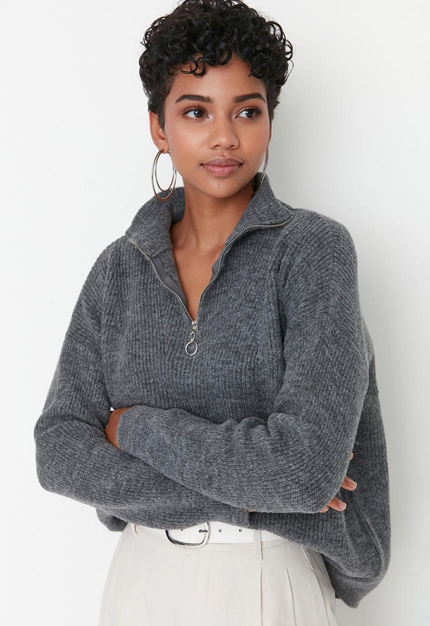 Trendyol - Soft textured zip-up sweater - anthracite