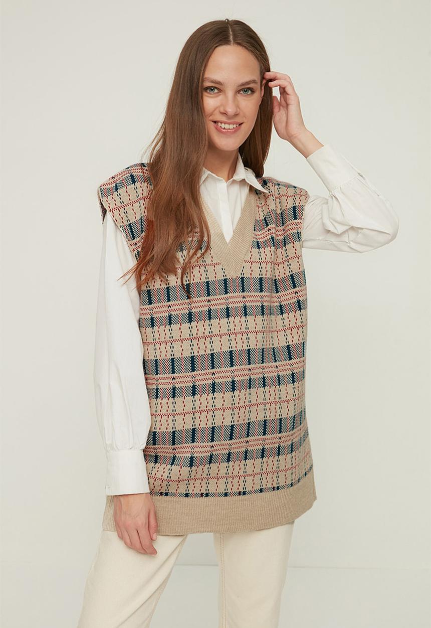 Trendyol - Modest v-neck knitwear sweater - stone