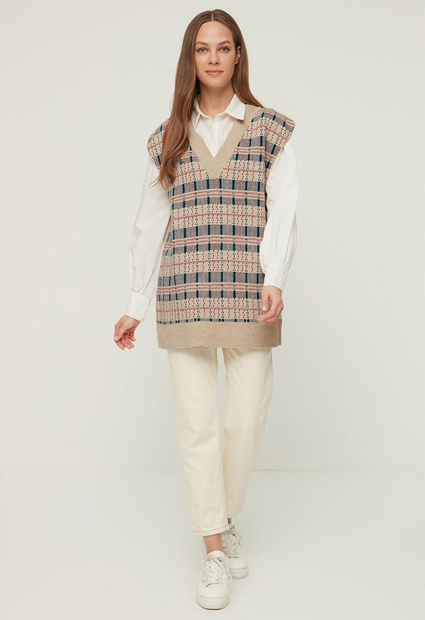 Trendyol - Modest v-neck knitwear sweater - stone