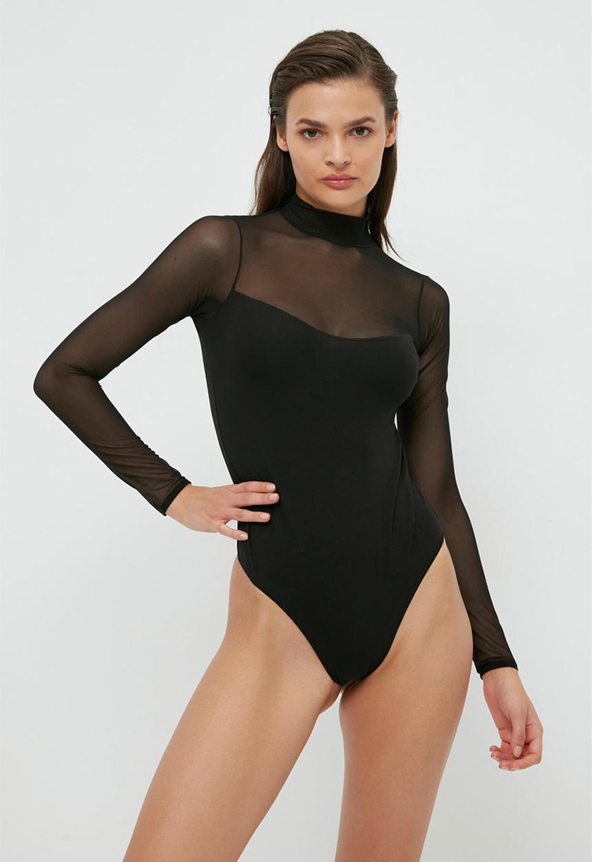 Trendyol - Long sleeve mesh bodysuit - black