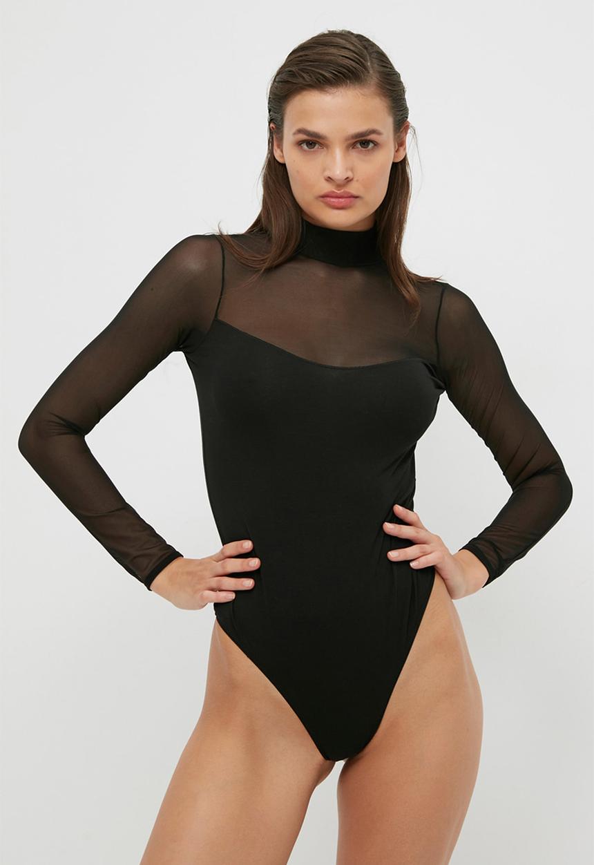 Trendyol - Long sleeve mesh bodysuit - black