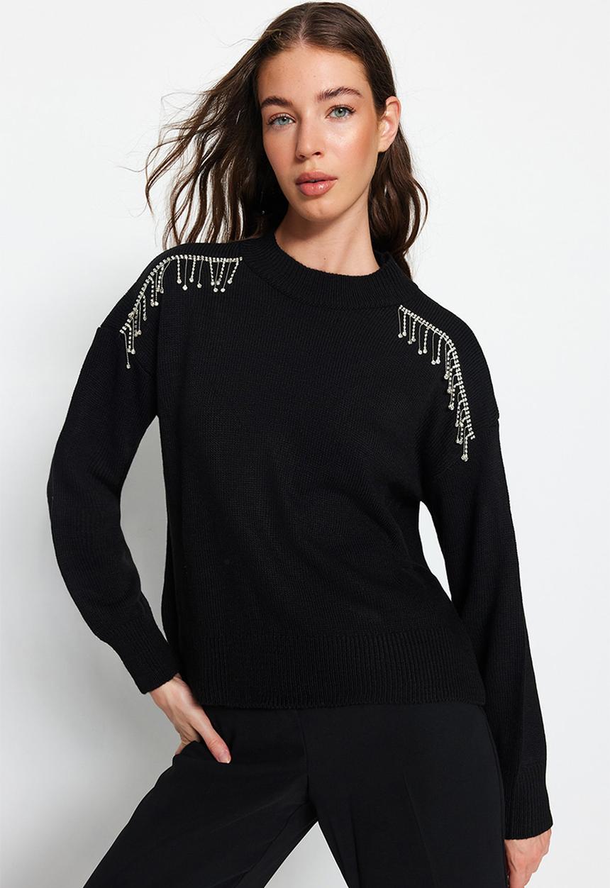 Trendyol - Stone detailed crew neck sweater - black