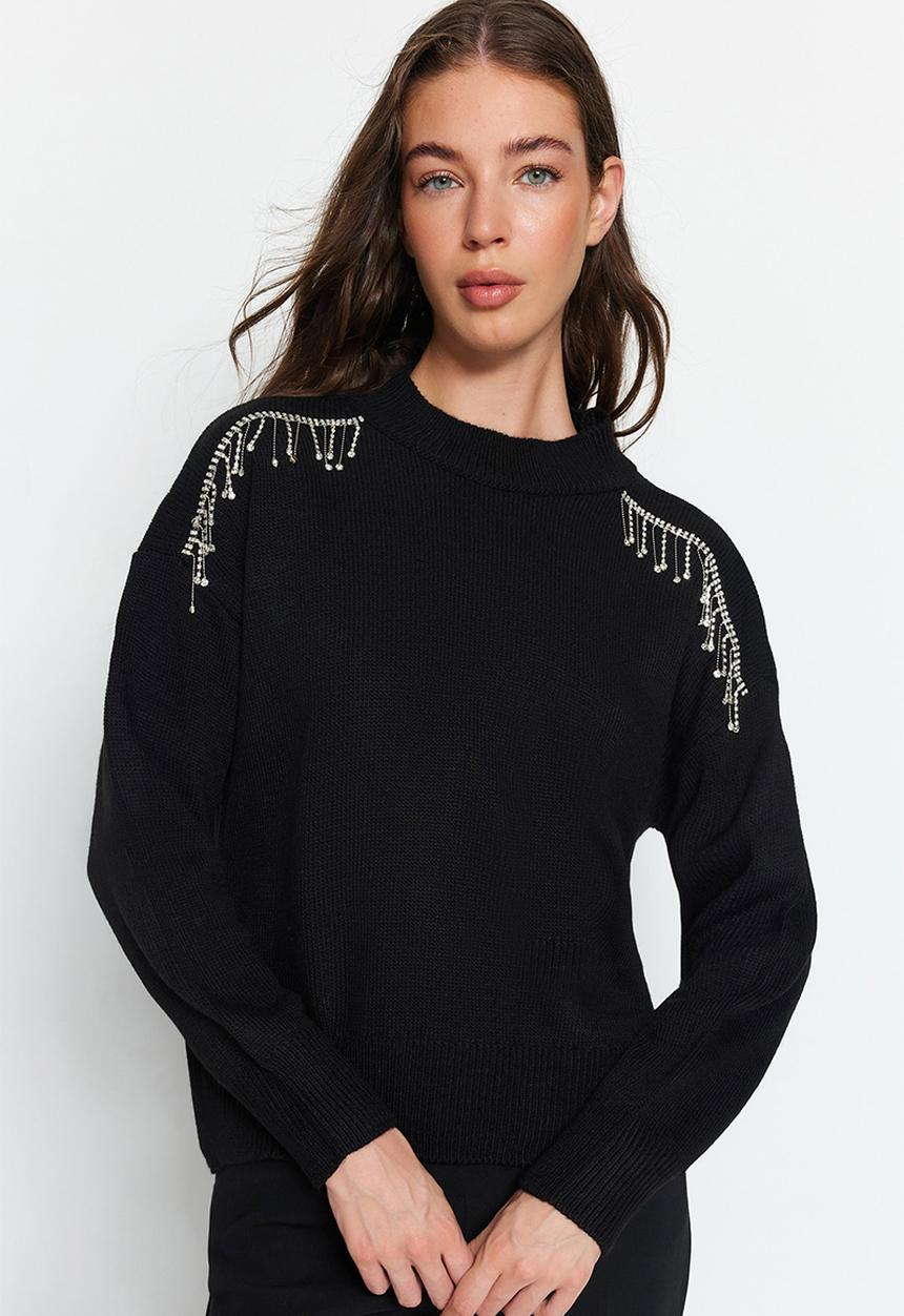Trendyol - Stone detailed crew neck sweater - black