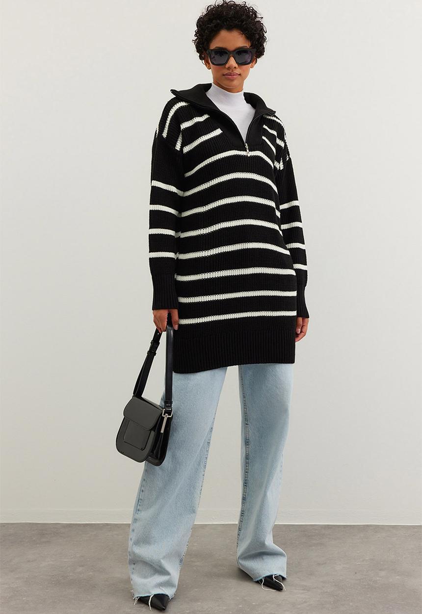 Trendyol - Striped zippered collar sweater - black