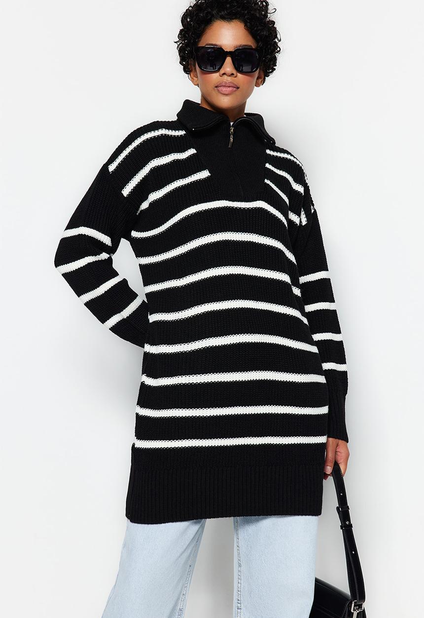 Trendyol - Striped zippered collar sweater - black