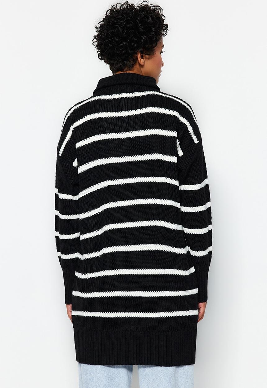 Trendyol - Striped zippered collar sweater - black