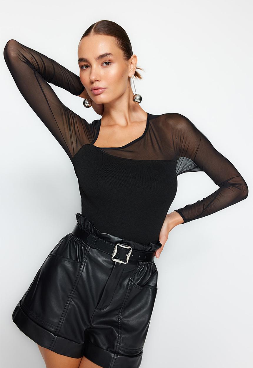 Trendyol - Mesh asymmetrical neck top - black