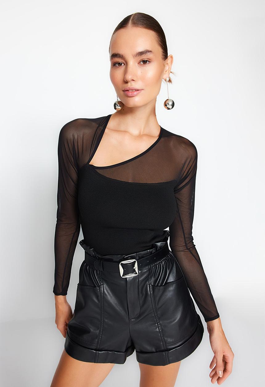 Trendyol - Mesh asymmetrical neck top - black