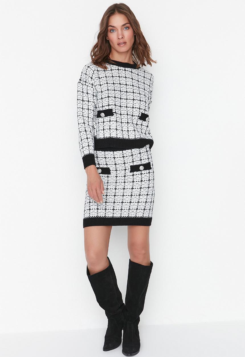 Trendyol - Tweed look skirt & knitwear top set - black