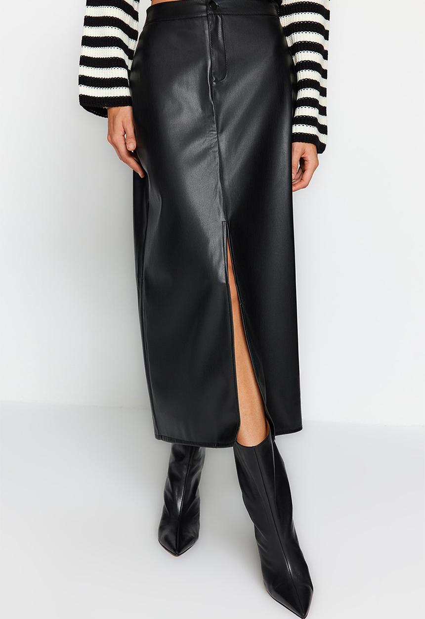 Trendyol - Faux leather maxi skirt with slit detail - black
