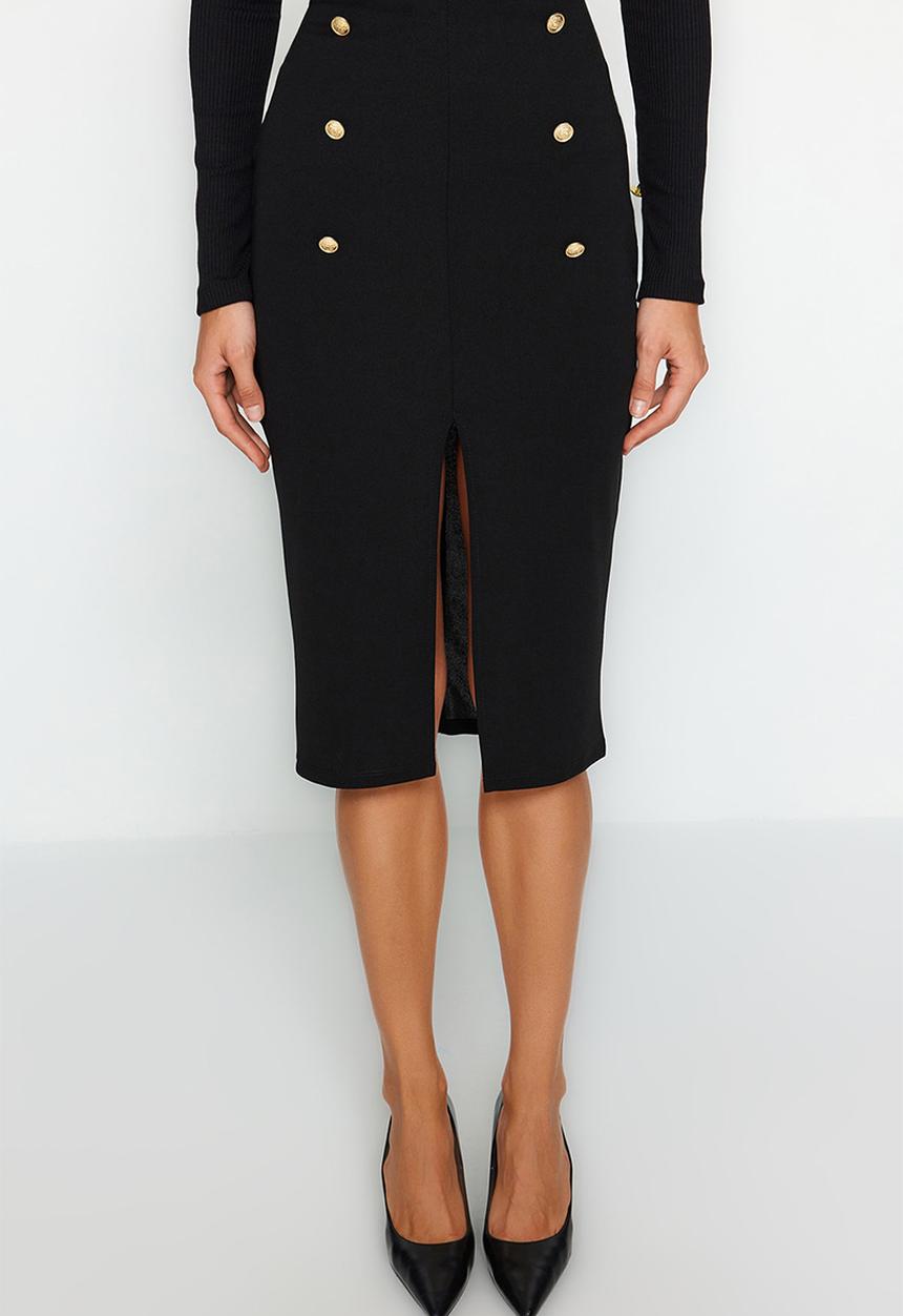 Trendyol - Smart button detail midi skirt - black