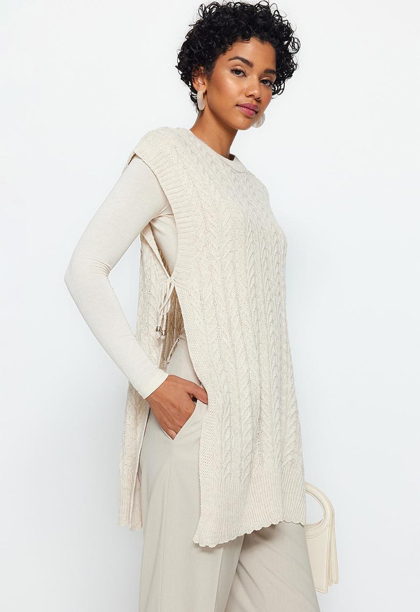 Trendyol - Modest lace-up detail sweater - beige