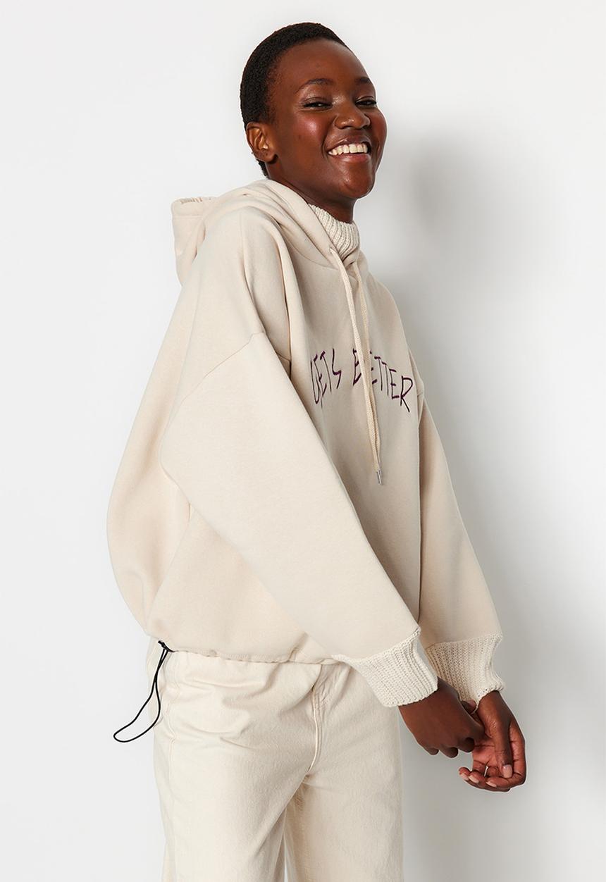 Trendyol - Tricot tape fleece sweatshirt - ecru