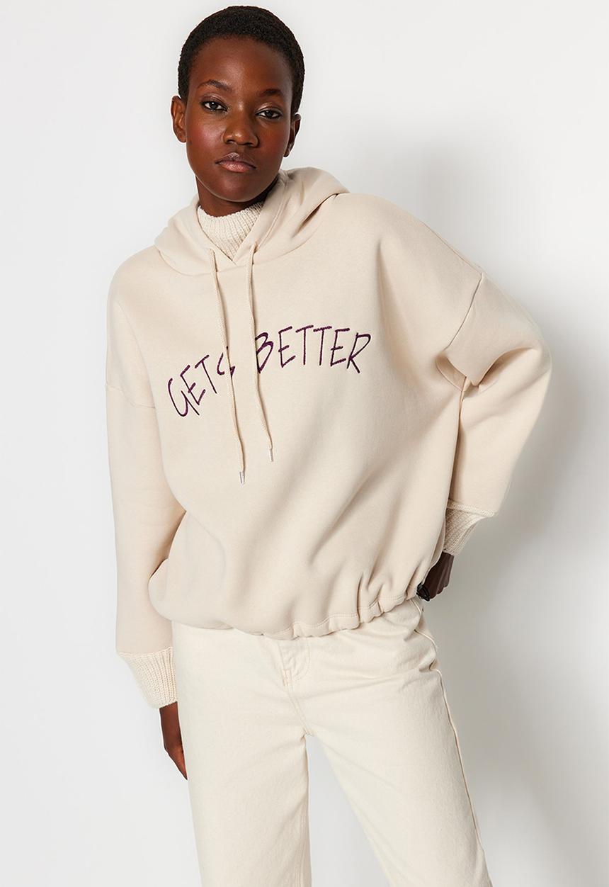 Trendyol - Tricot tape fleece sweatshirt - ecru