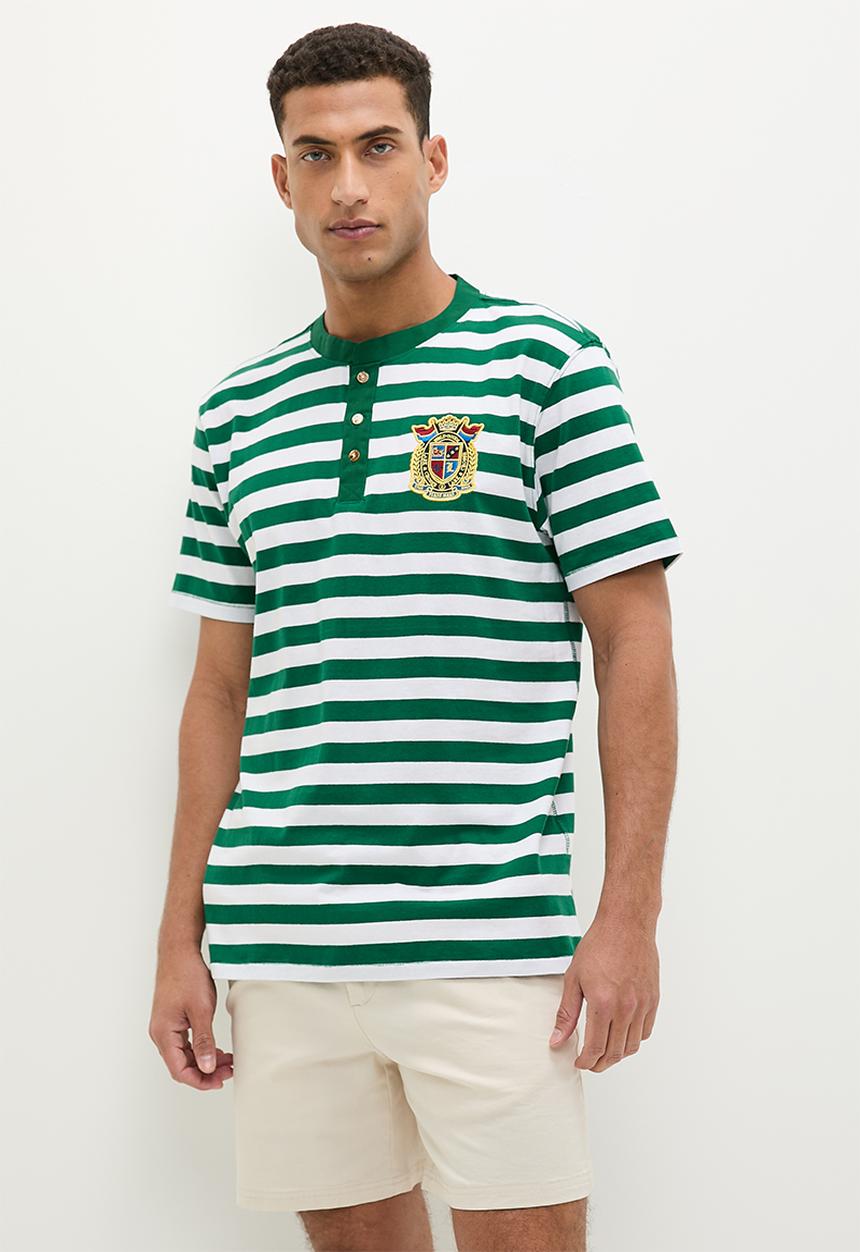 Lark & Crosse - Henley striped grandpa tee with badge - green & white