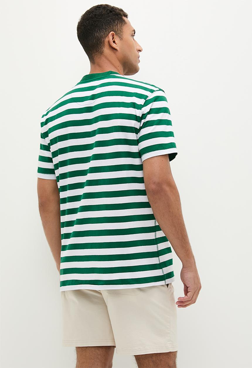 Lark & Crosse - Henley striped grandpa tee with badge - green & white