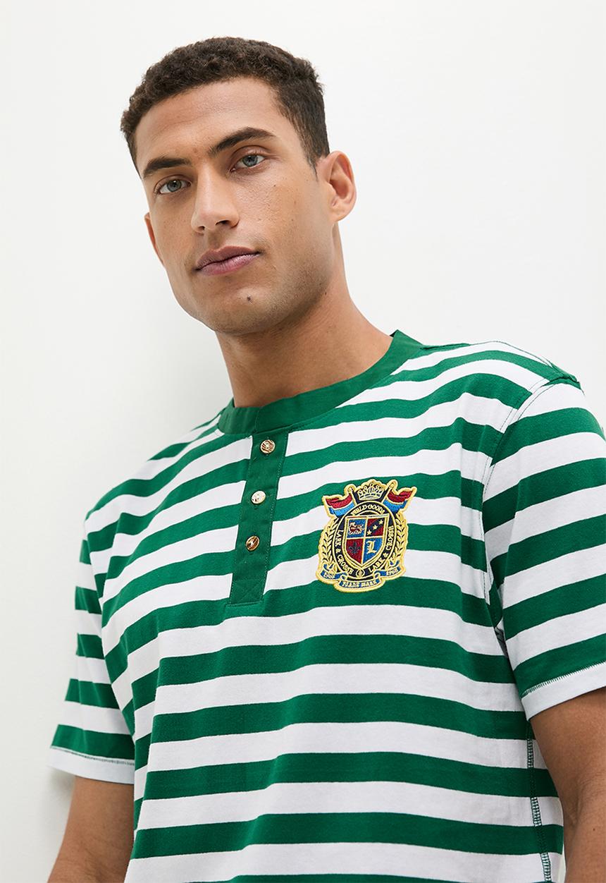 Lark & Crosse - Henley striped grandpa tee with badge - green & white