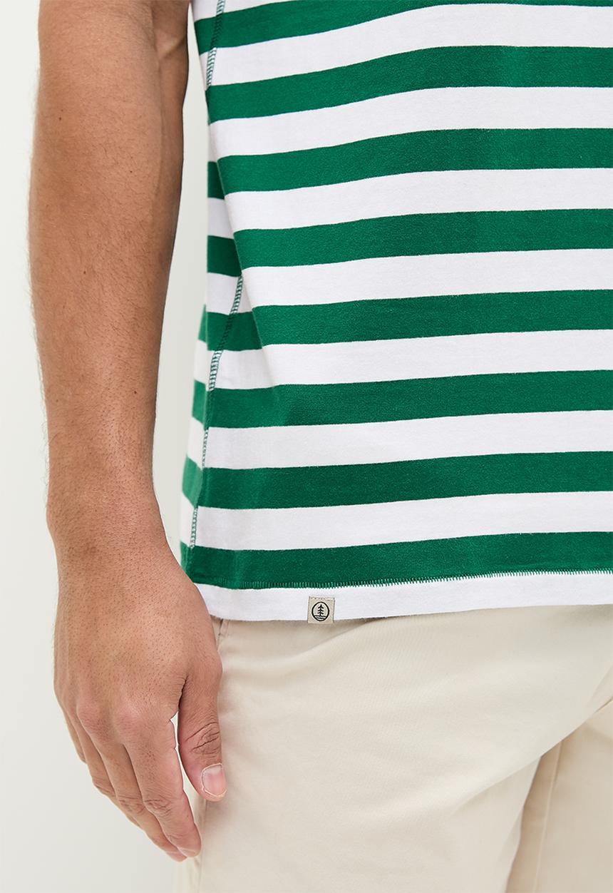 Lark & Crosse - Henley striped grandpa tee with badge - green & white