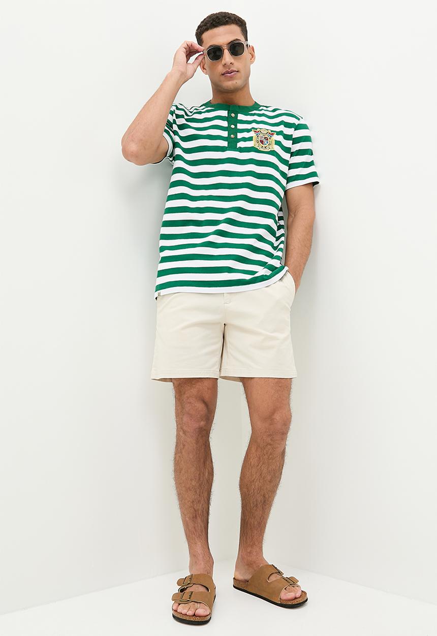 Lark & Crosse - Henley striped grandpa tee with badge - green & white