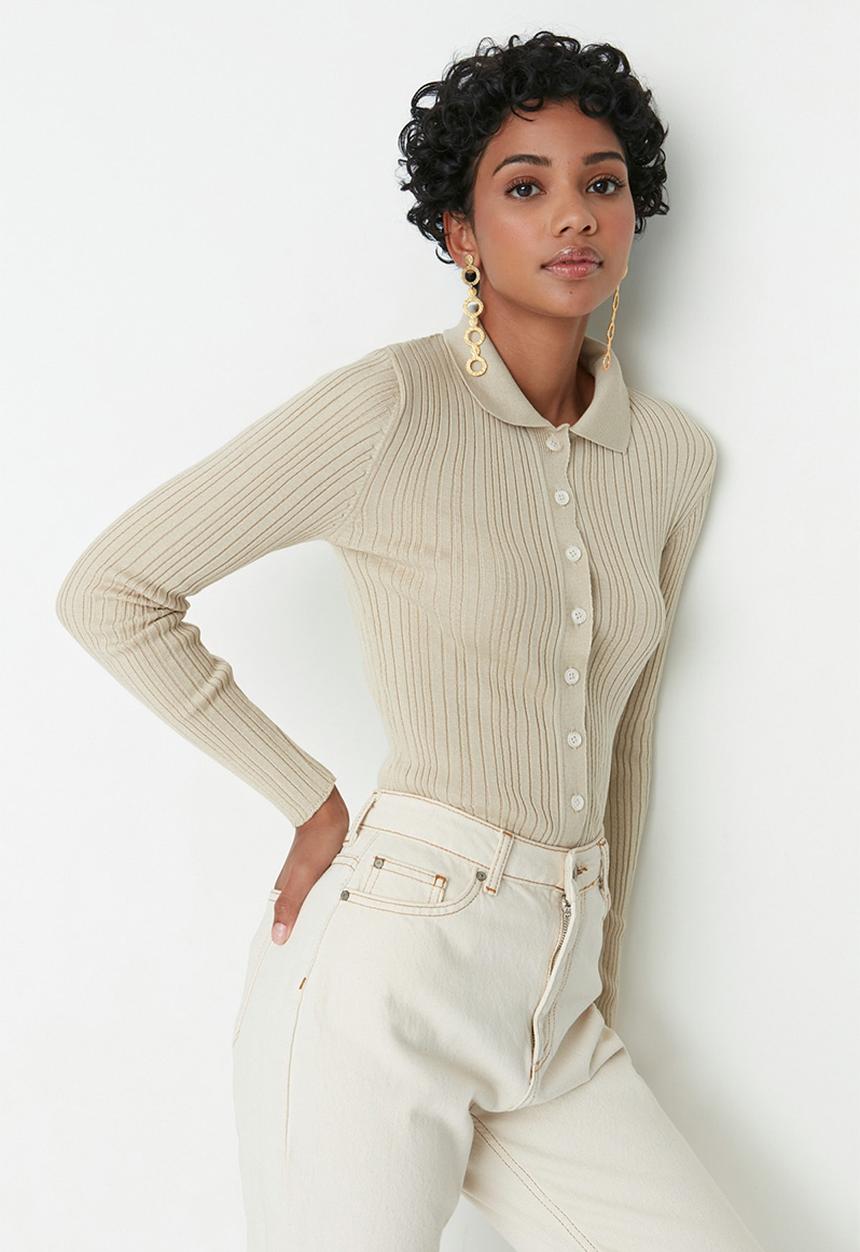 Trendyol - Polo collar cardigan - stone