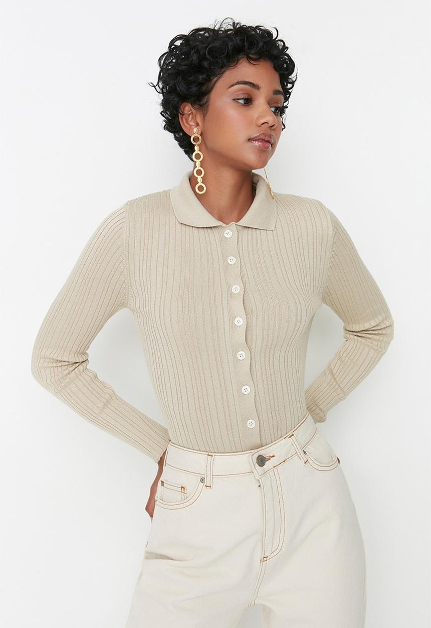 Trendyol - Polo collar cardigan - stone