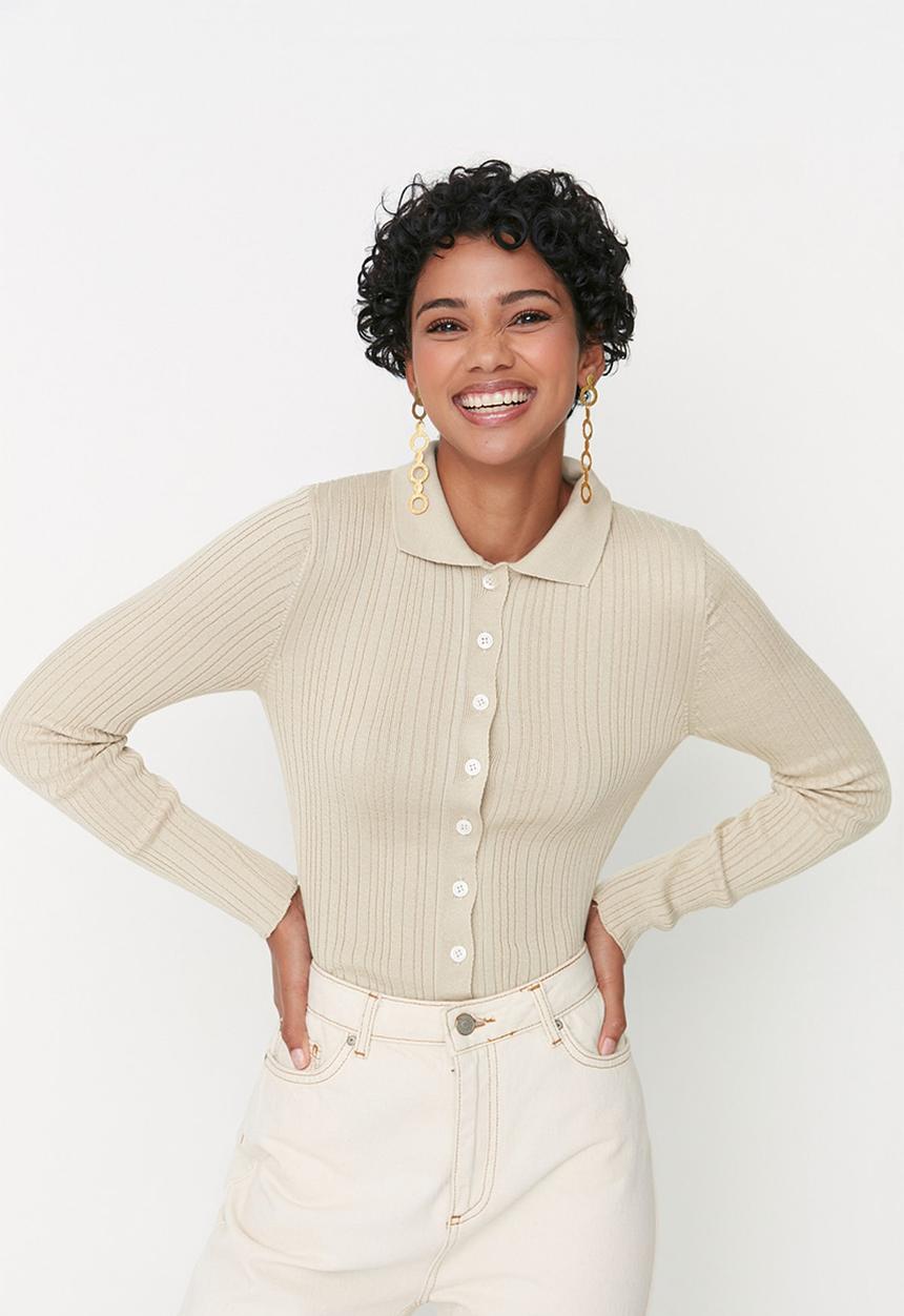 Trendyol - Polo collar cardigan - stone