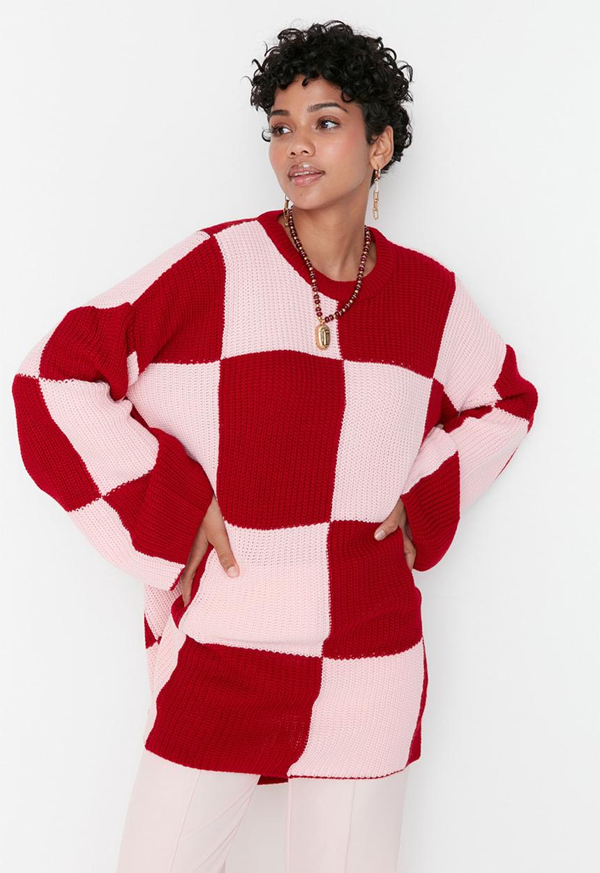 Trendyol - Modest checkerboard crewneck sweater - red/pink