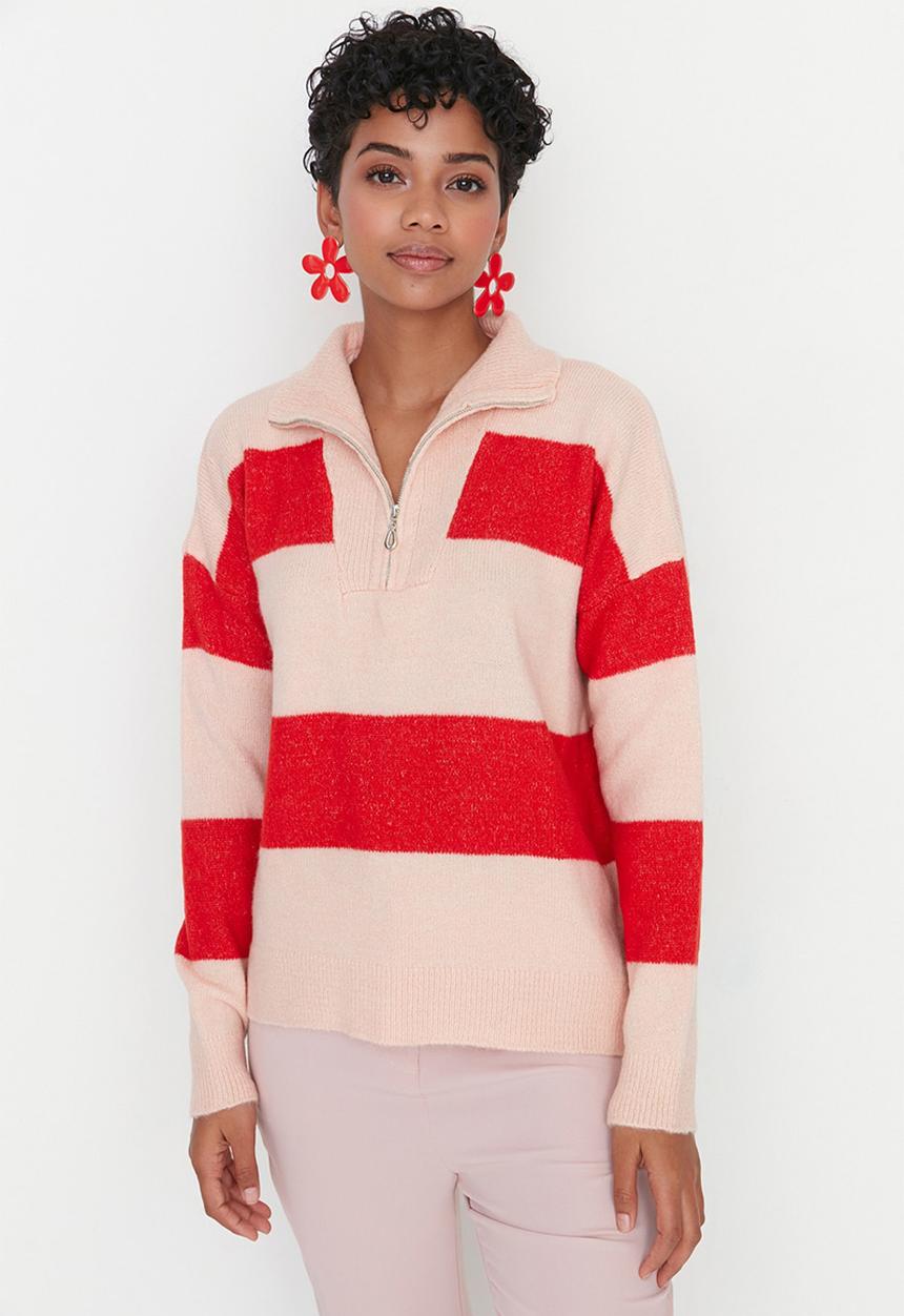Trendyol - Stand-up collar zippered sweater - pink