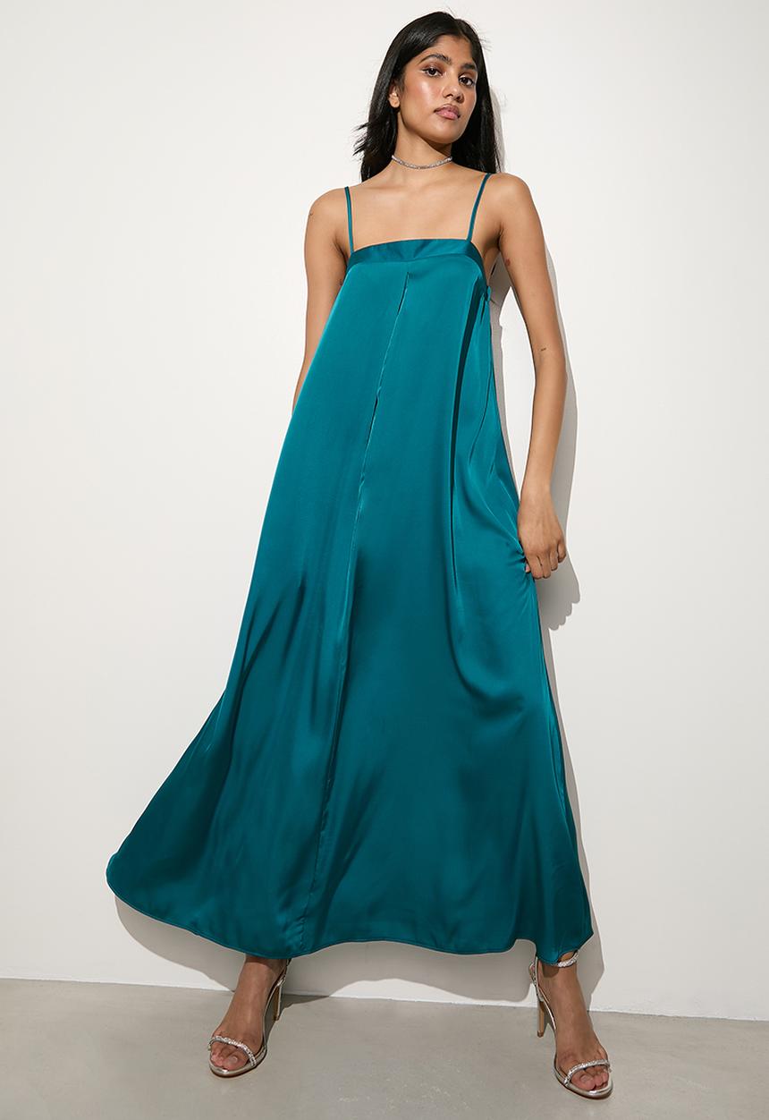 VELVET - Strappy trapeze maxi with pleat detail - petrol