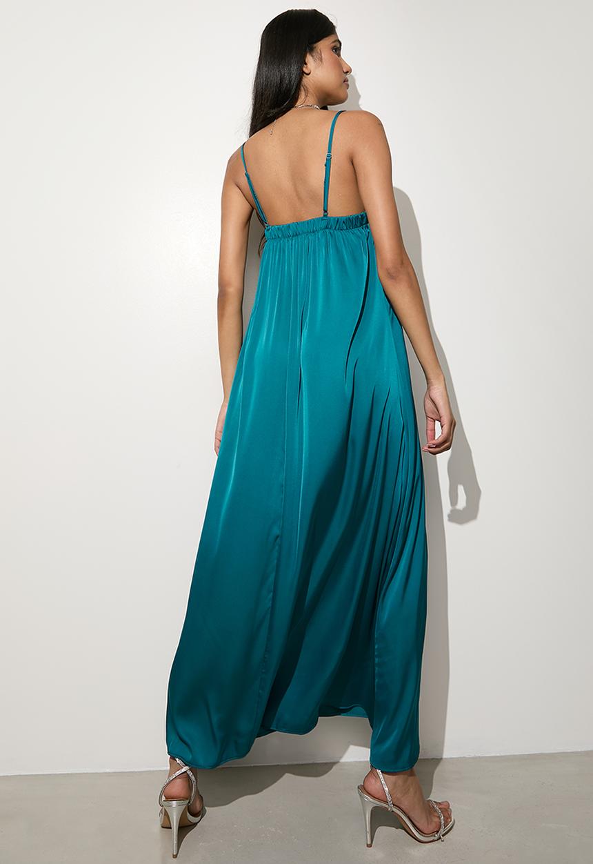 VELVET - Strappy trapeze maxi with pleat detail - petrol