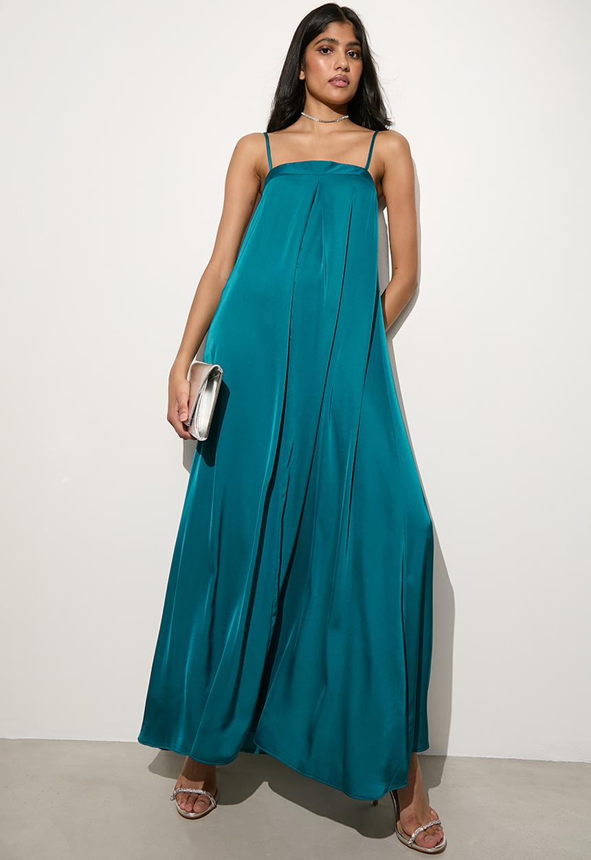 VELVET - Strappy trapeze maxi with pleat detail - petrol