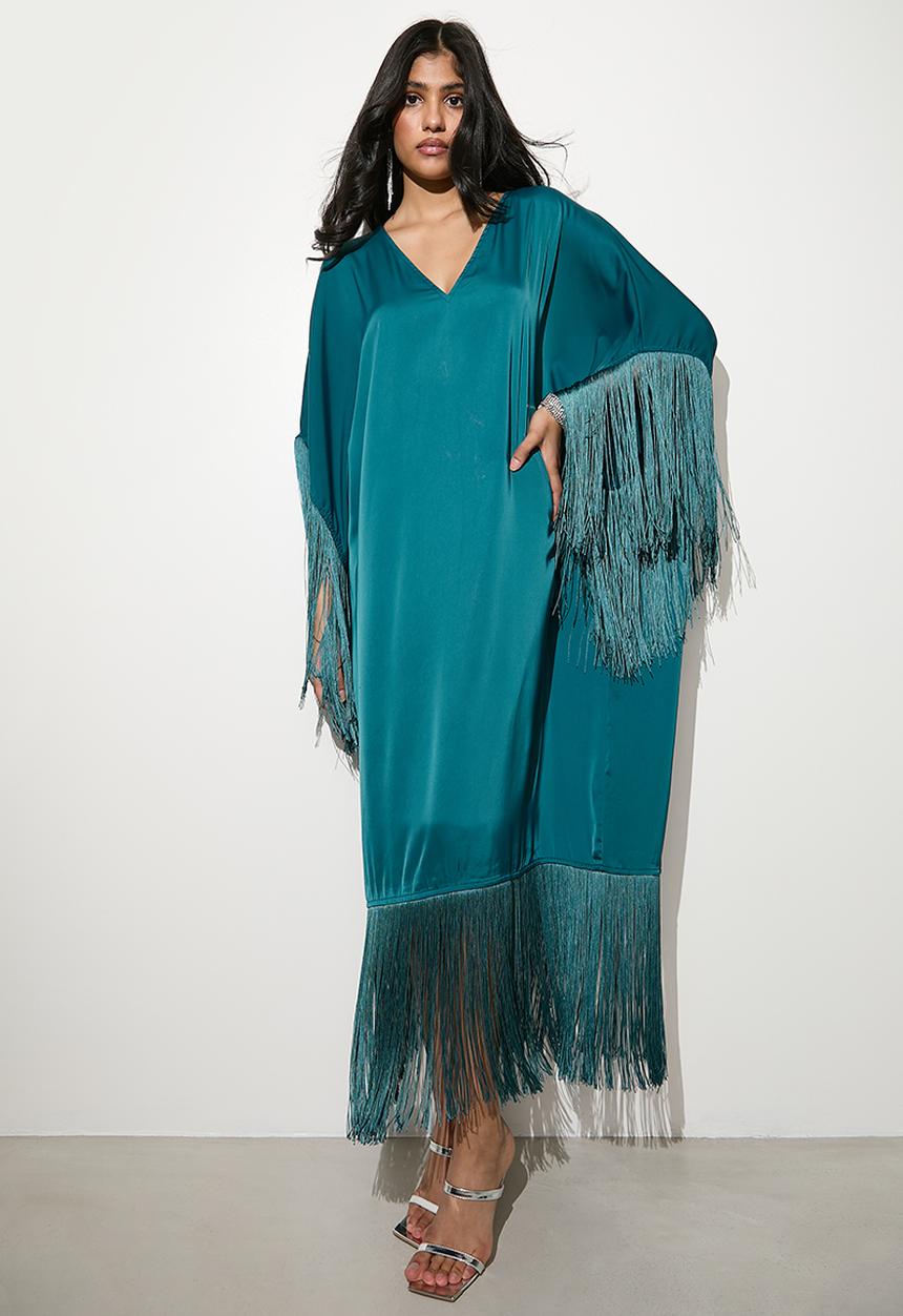 VELVET - Fringe kaftan dress - teal