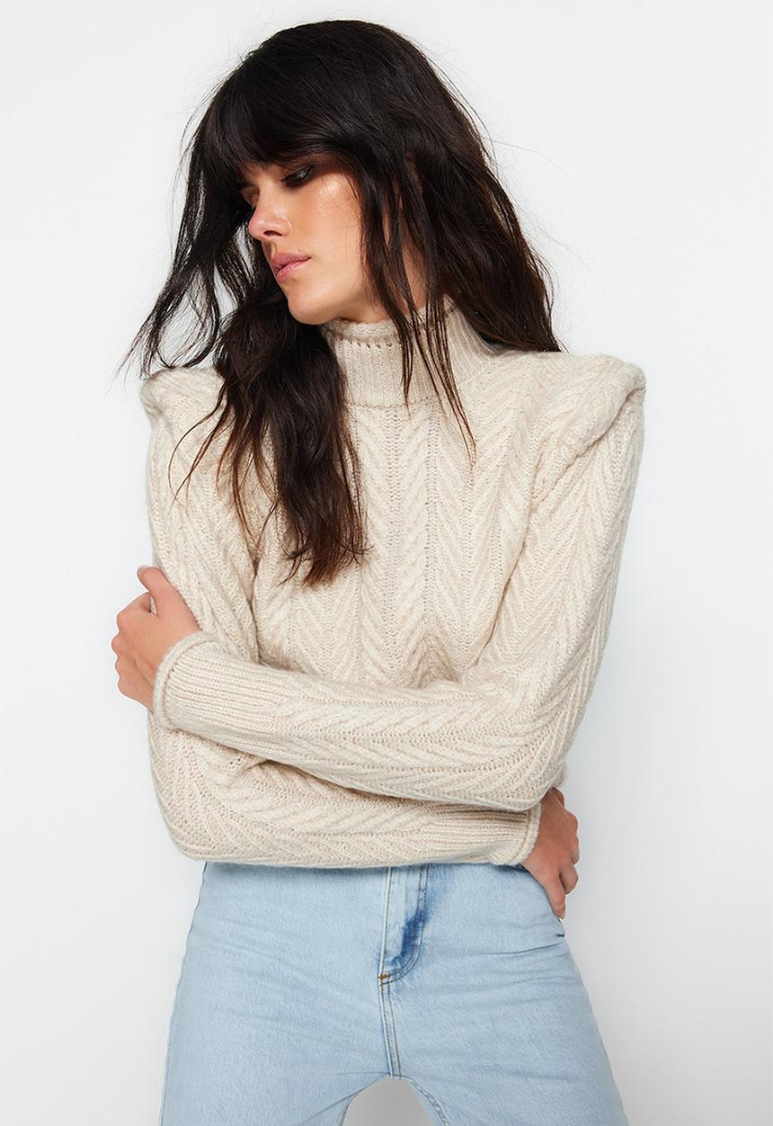 Trendyol - Soft textured shoulder detail sweater - stone
